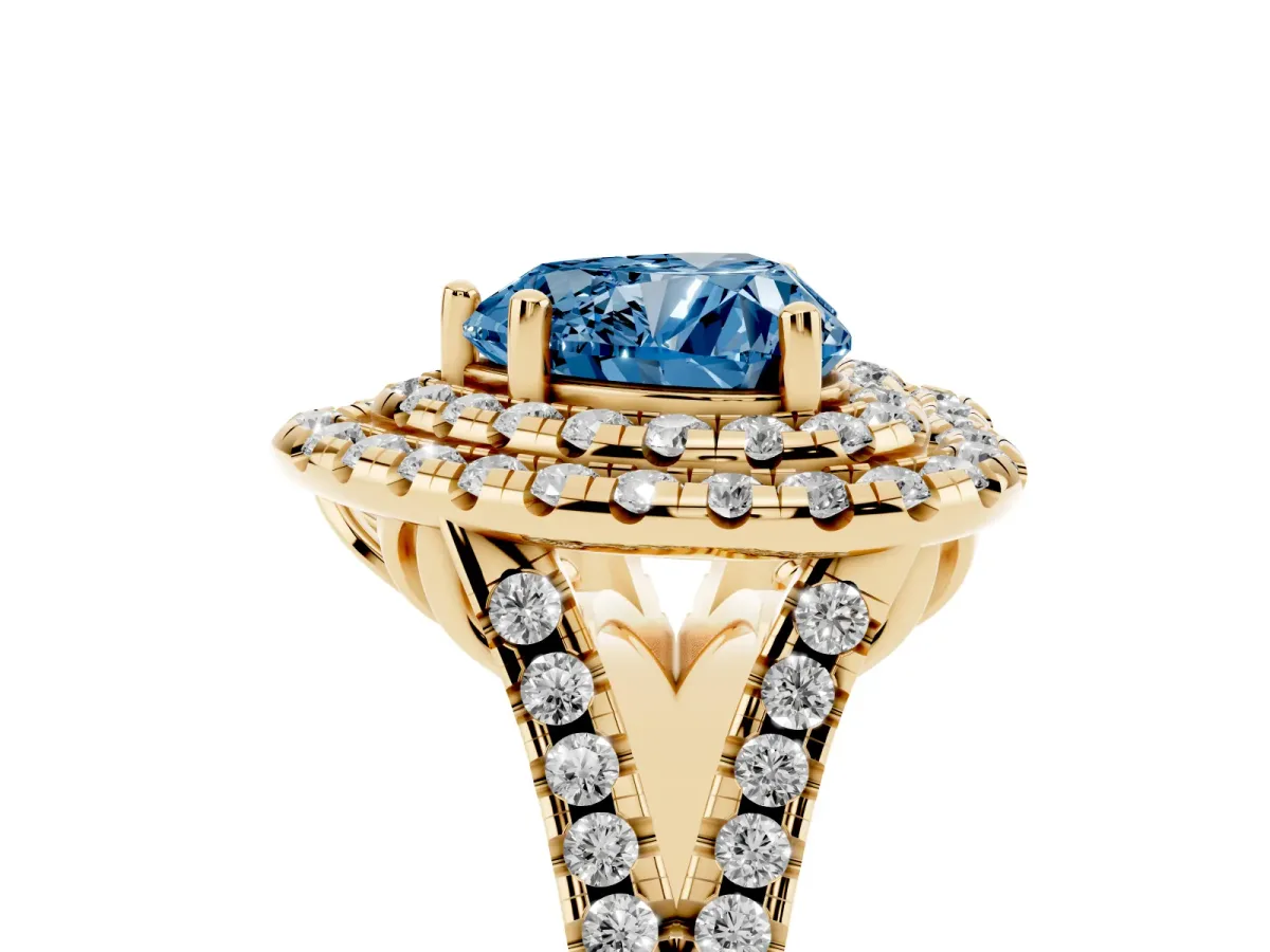 Fancy Blue Double Halo Heart Cut Diamond Pavé Split Shank Ring with Prong Setting Yellow gold