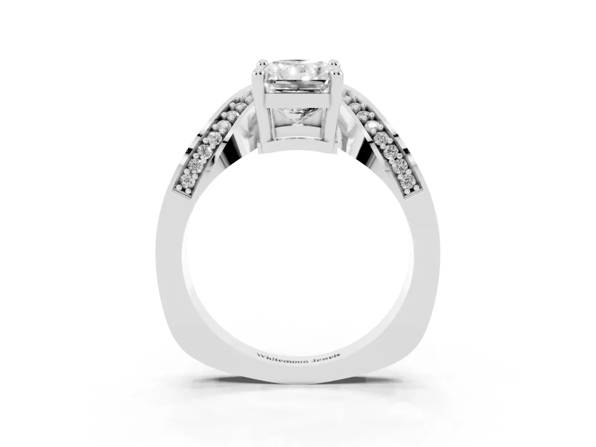 Radiant Cut Solitaire Diamond Engagement Ring with Pave Band and Four-Prong Setting Silver