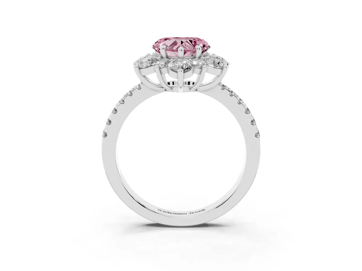 Fancy Pink Heart Cut Diamond Floral Halo Ring with Round Pavé Band and Prong Setting Platinum