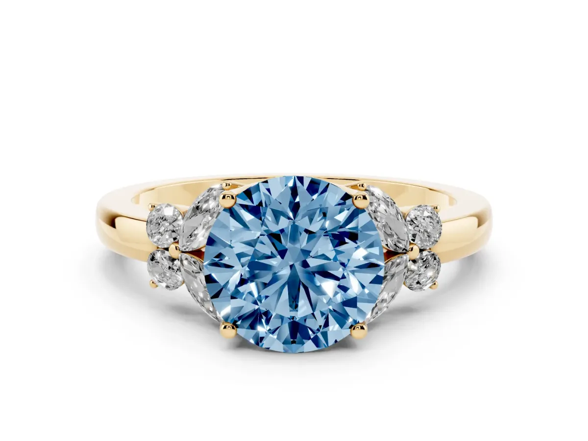 Fancy Blue Round Cut Cut Solitaire Floral Diamond Ring with Four-Prong Setting Yellow gold