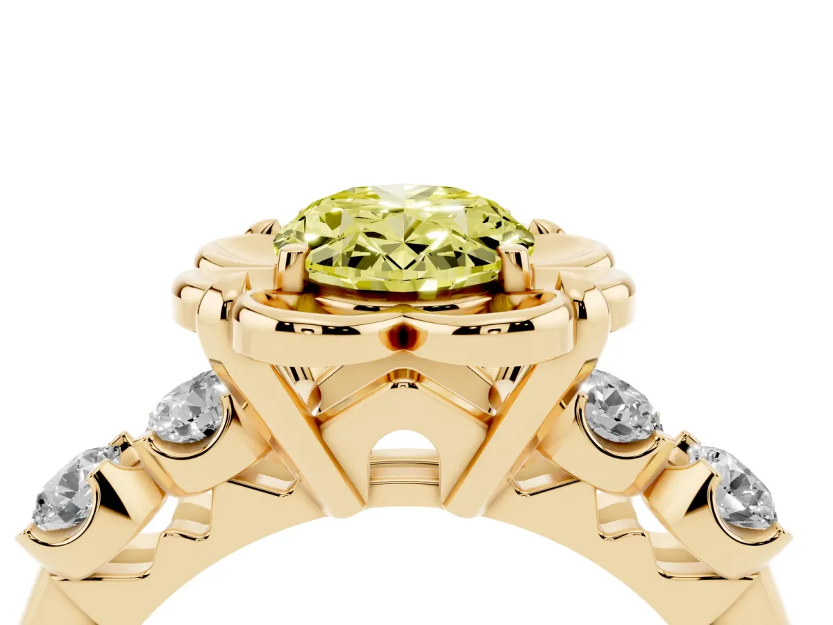 Fancy Yellow Oval Cut Cut Diamond Floral Halo Engagement Ring with Shared Prong Setting Yellow gold