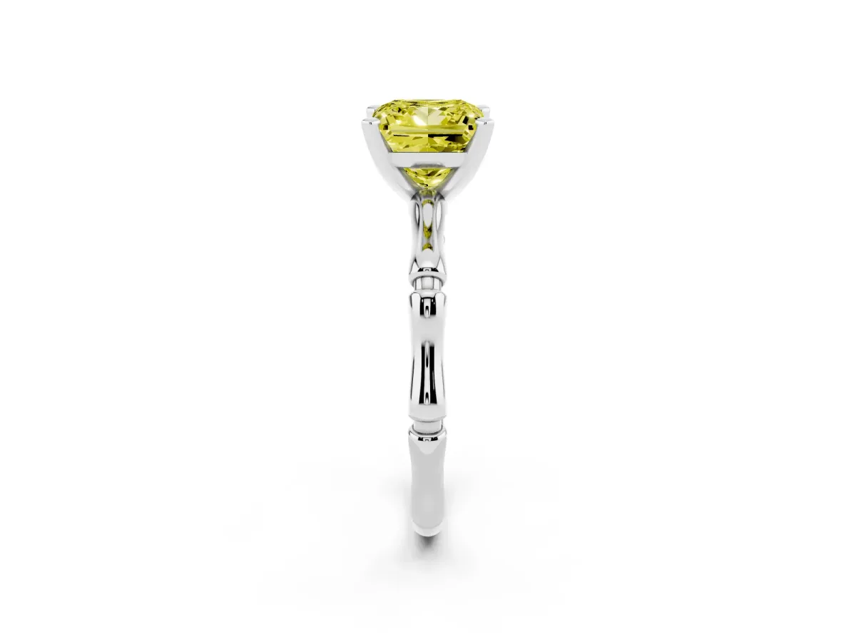 Fancy Yellow Princess Cut Solitaire Diamond Ring with Bamboo Band and Four-Prong Setting Silver