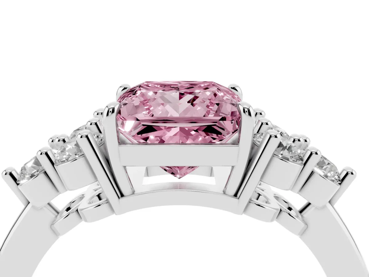 Fancy Pink Princess Cut Brilliant Diamond Cluster Accent Solitaire Ring with Prong Setting Silver