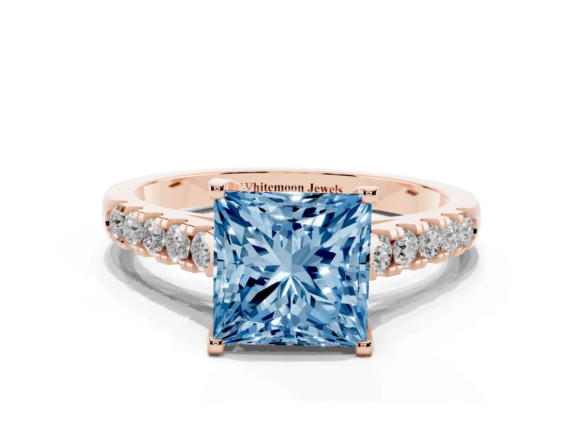 Fancy Blue Princess Cut Diamond Pavé Band Solitaire Ring with Prong Setting Rose gold