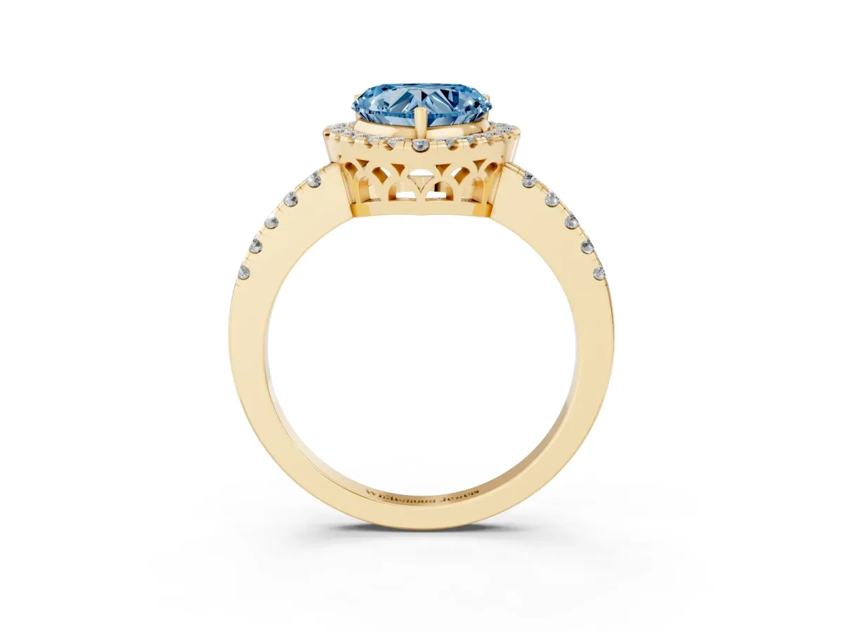 Fancy Blue Heart Cut Halo Diamond Engagement Ring with Pavé Band and Four-Prong Setting Yellow gold