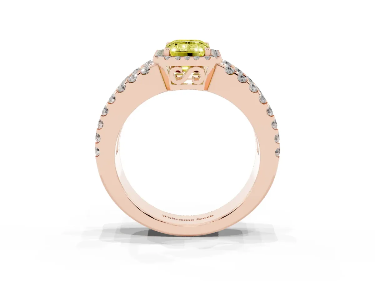 Fancy Yellow Emerald Cut Cut Halo Split Shank Diamond Ring with Four-Prong Setting Rose gold