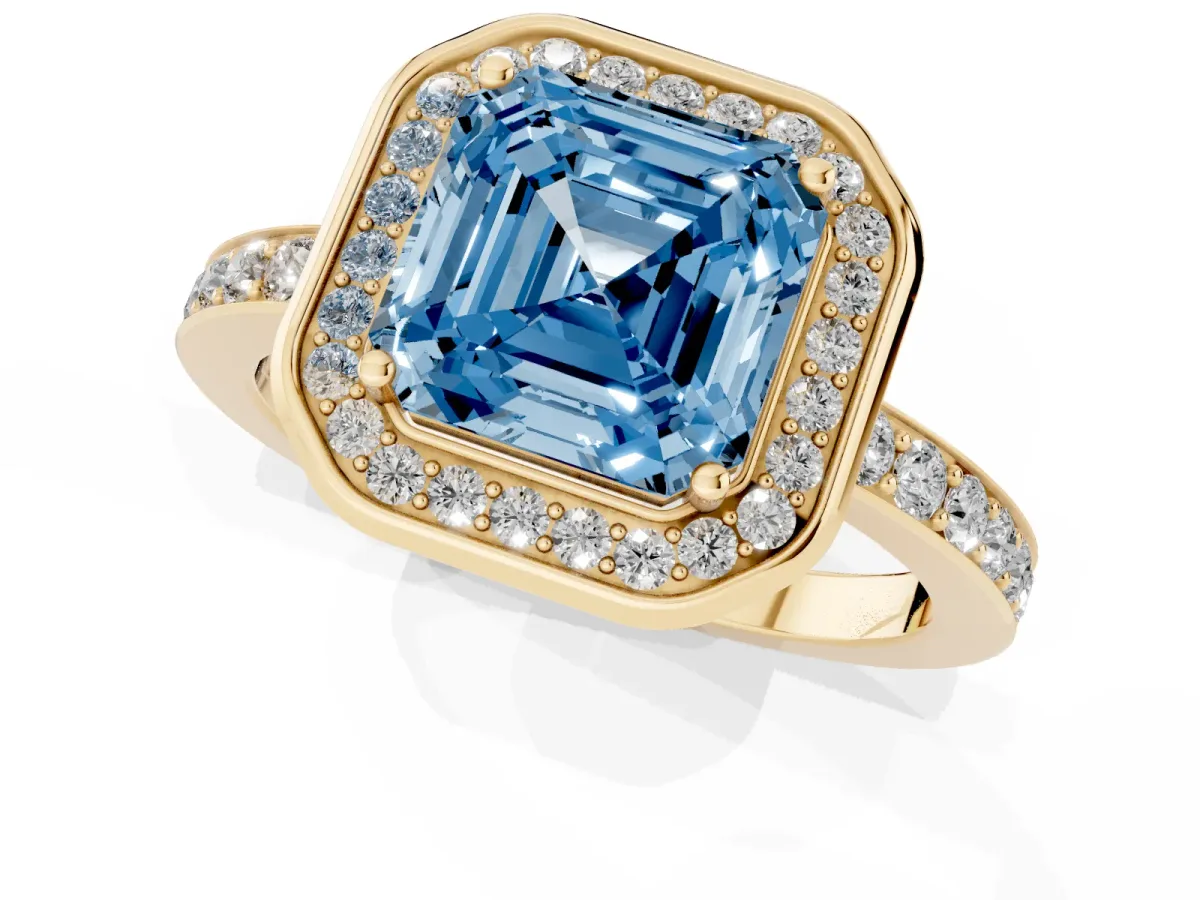 Fancy Blue Asscher Cut Diamond Halo Ring with Bezel Frame and Pavé Band Yellow gold