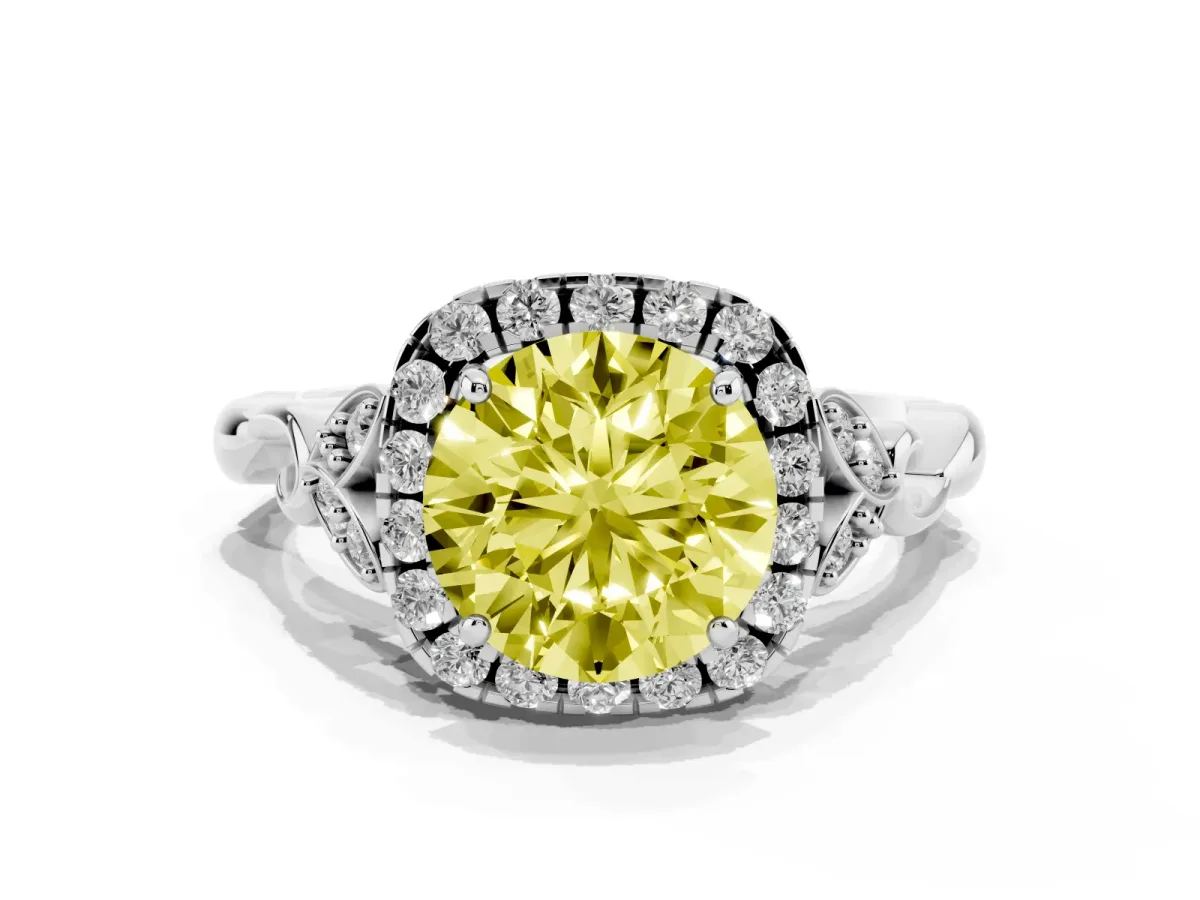 Fancy Yellow Round Cut Halo Diamond Engagement Ring with Vintage-Inspired Band and Four-Prong Setting Silver