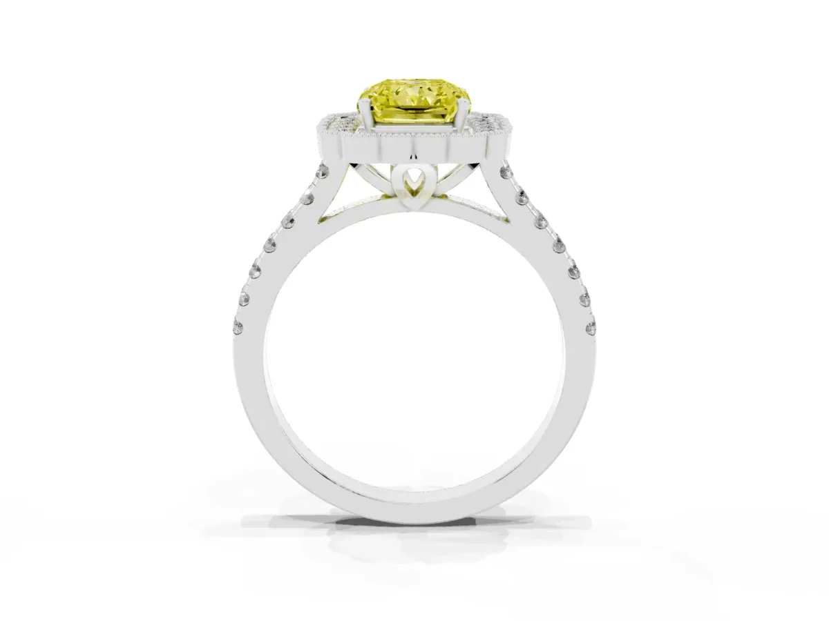 Fancy Yellow Radiant Cut Cut Diamond Milgrain Floral Halo Engagement Ring with Pavé Band White gold