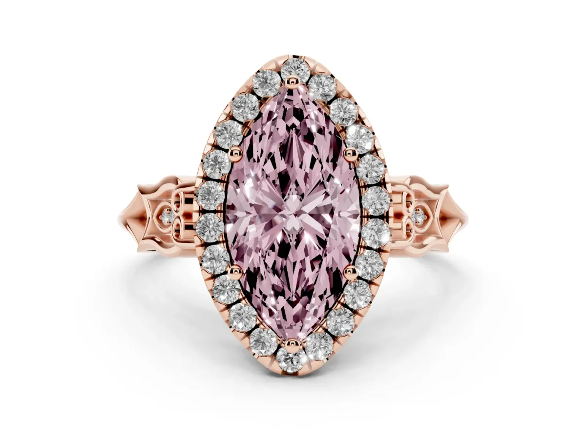 Fancy Pink Marquise Cut Halo Diamond Engagement Ring with Filigree Band and Four-Prong Setting Rose gold