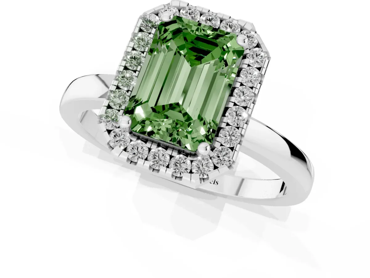Fancy Green Emerald Cut Halo Diamond Solitaire with Pavé Band and Four-Prong Setting Platinum
