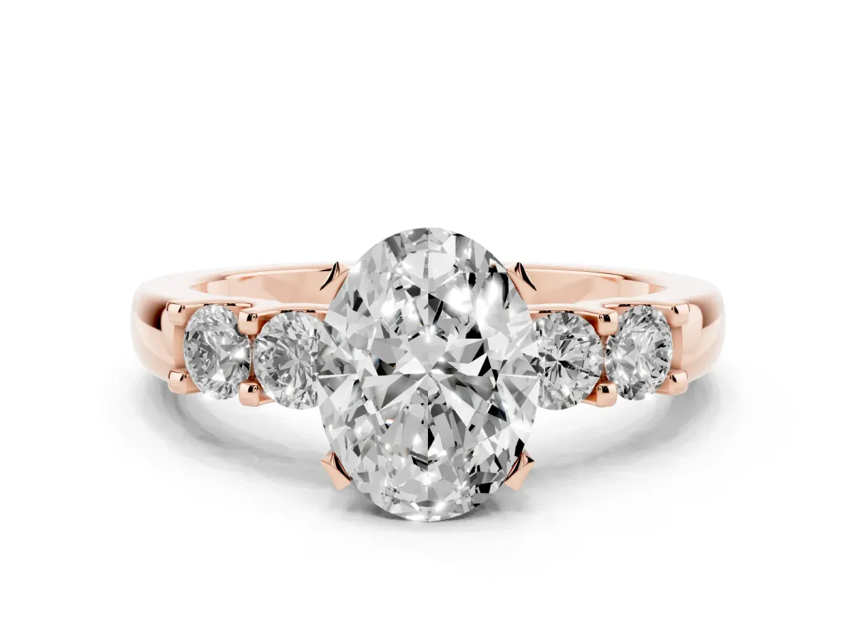 Oval Cut Brilliant Cut Diamond Five-Stone Prong Set Engagement Ring with Channel Band Rose gold