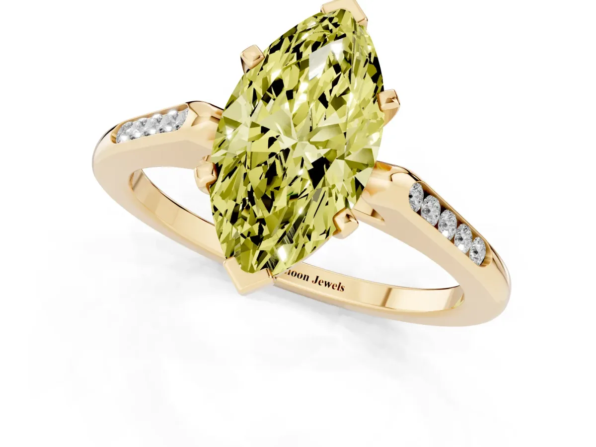 Fancy Yellow Marquise Cut Diamond Solitaire Ring with Channel Set Round Band and Prong Setting Yellow gold