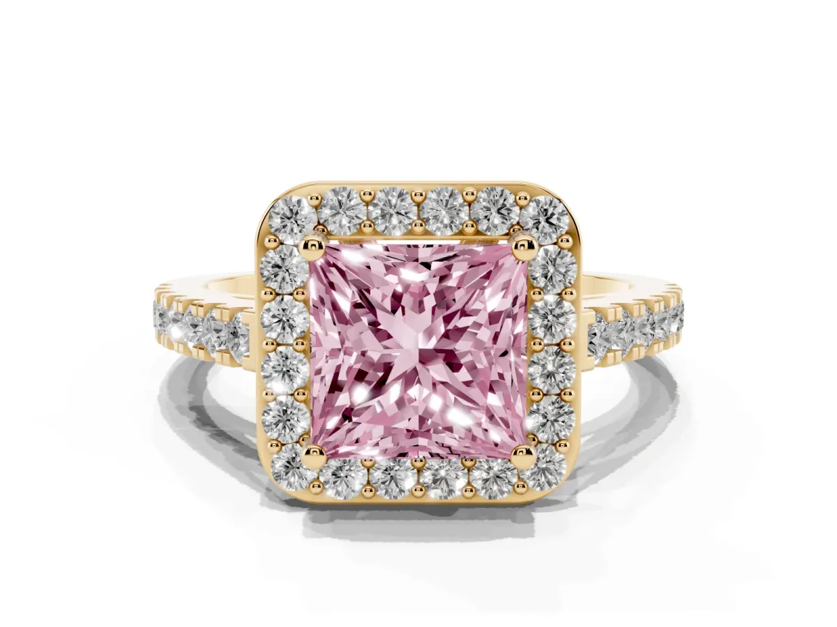 Fancy Pink Princess Cut Diamond Halo Ring with Round Pavé Split Shank and Prong Setting Yellow gold