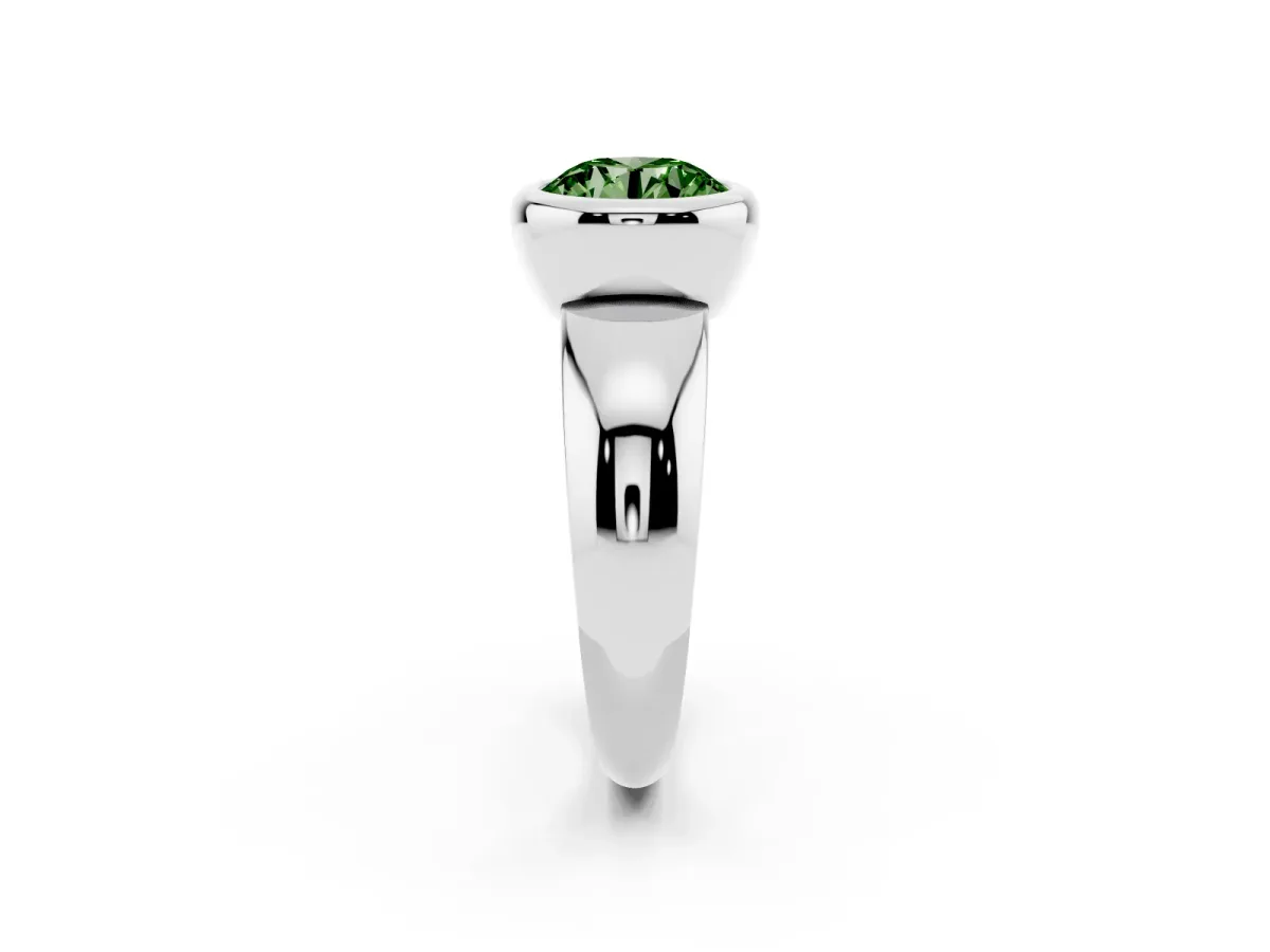Fancy Green Bezel Set Round Cut Solitaire Ring with Wide Band Silver