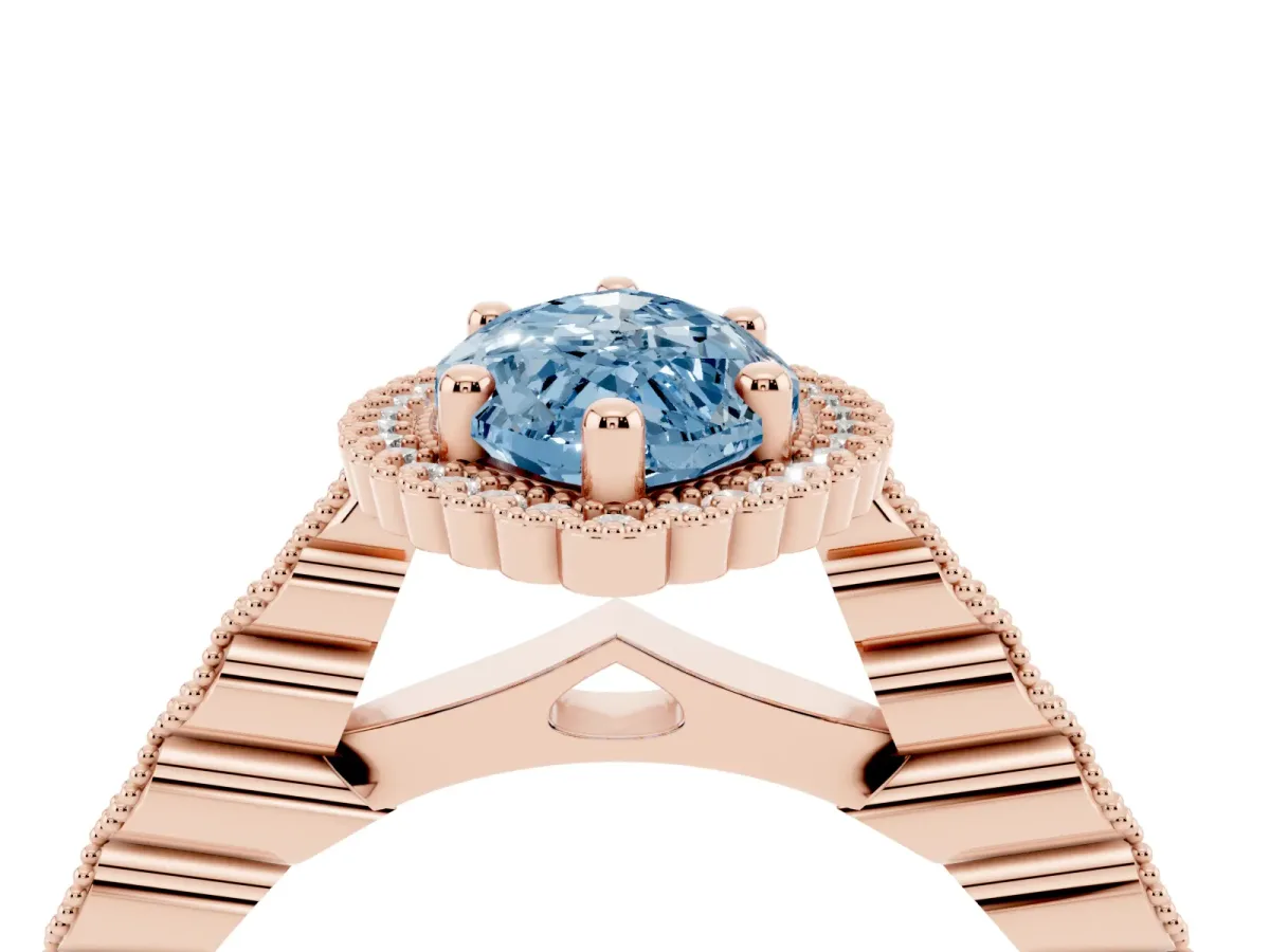 Fancy Blue Marquise Cut Cut Halo Pavé Solitaire Ring with Milgrain Band Rose gold