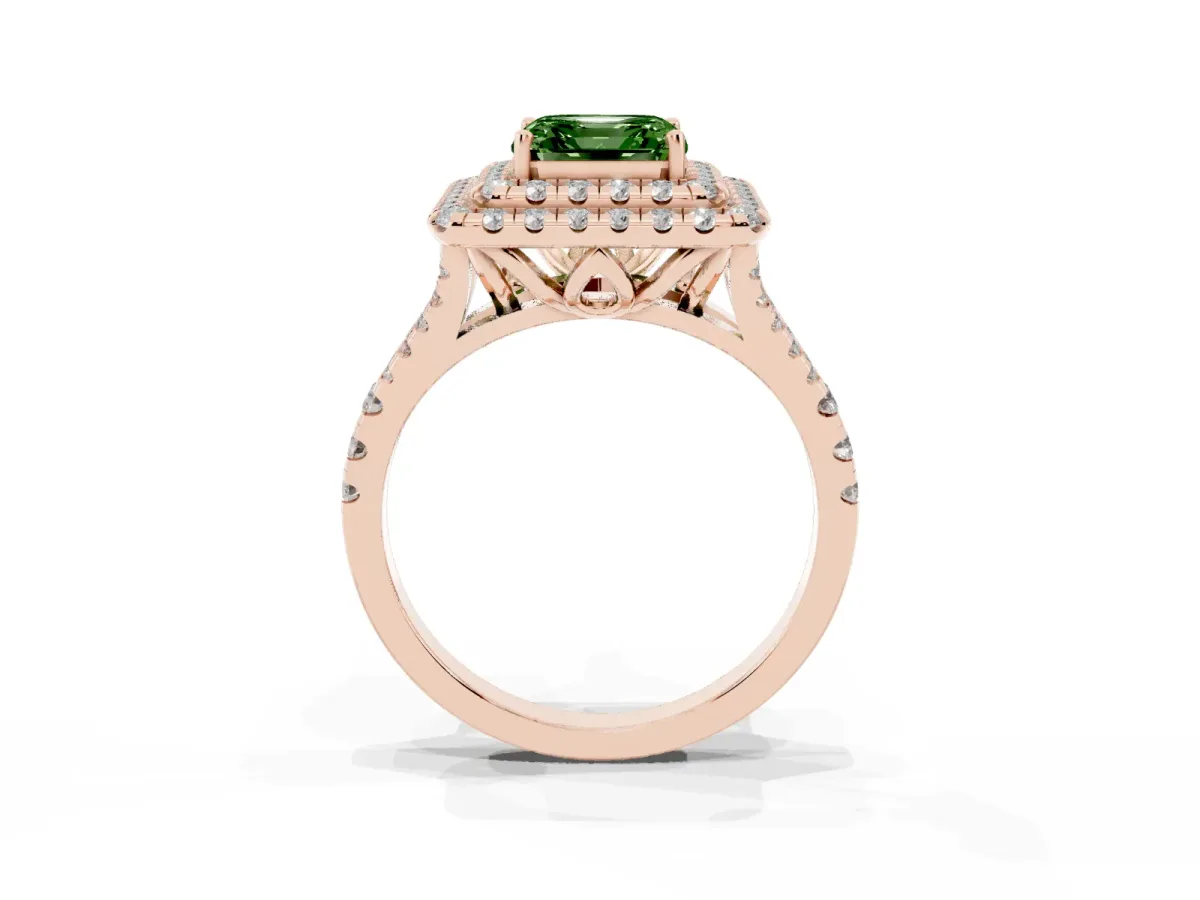 Fancy Green Double Halo Asscher Cut Diamond Pavé Split Shank Ring with Prong Setting Rose gold