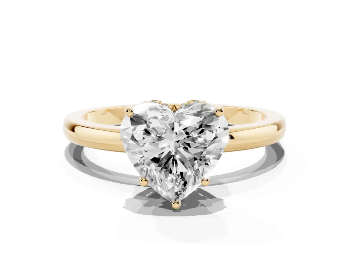 Heart Cut Solitaire Diamond Ring with Prong Setting and Plain Band Yellow gold