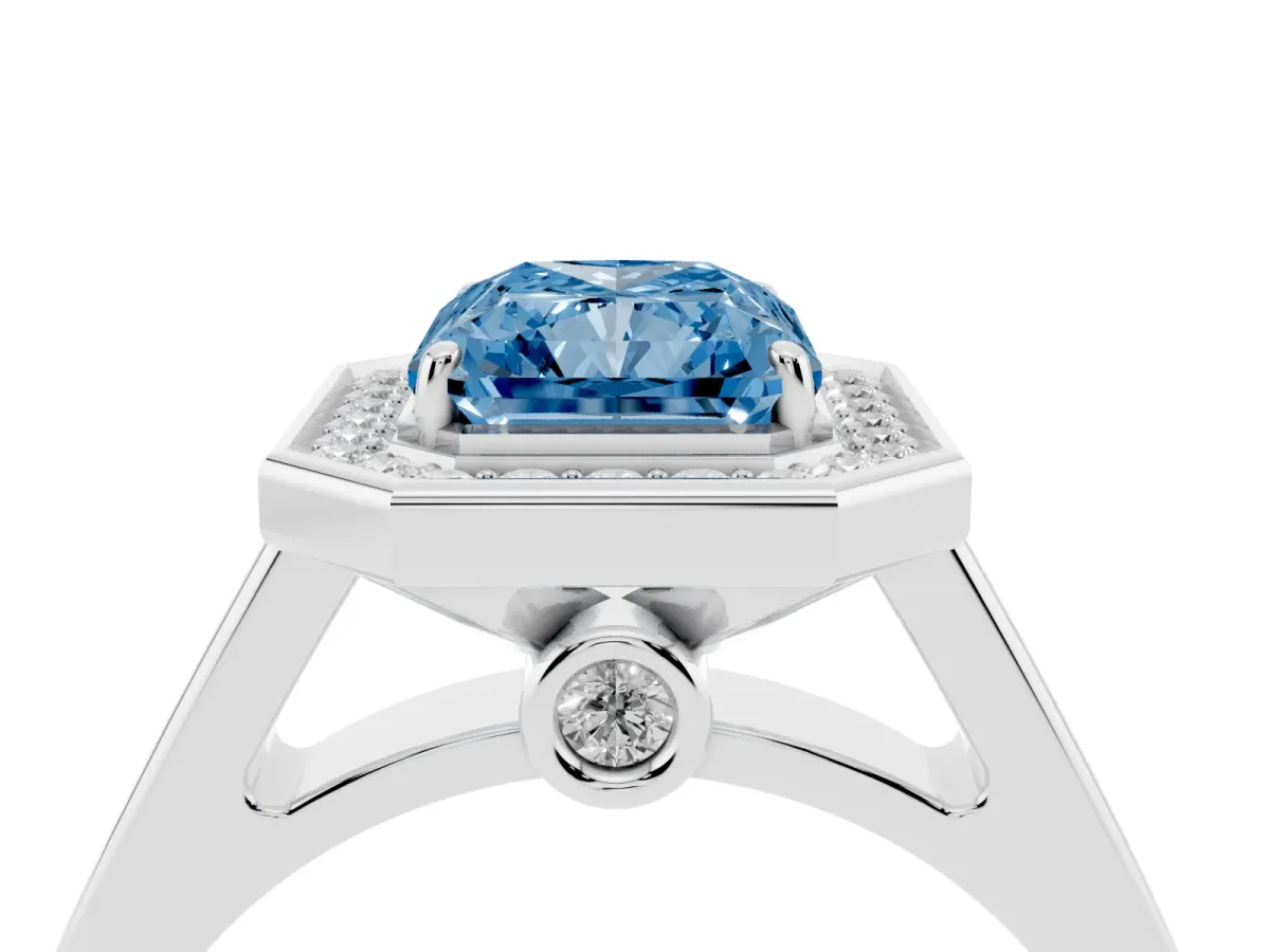 Fancy Blue Radiant Cut Halo Solitaire Diamond Ring with Pave Band and Bezel Setting White gold