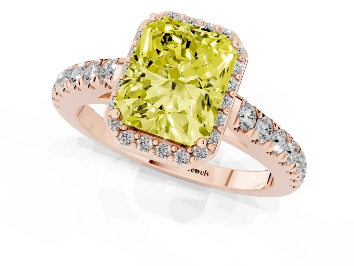 Fancy Yellow Radiant Cut Cut Halo Diamond Engagement Ring with Pave Band and Four-Prong Setting Rose gold