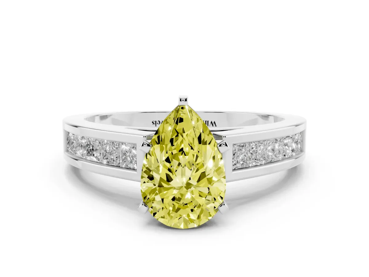 Fancy Yellow Pear Cut Solitaire Diamond Ring with Channel-Set Band and Four-Prong Setting Silver