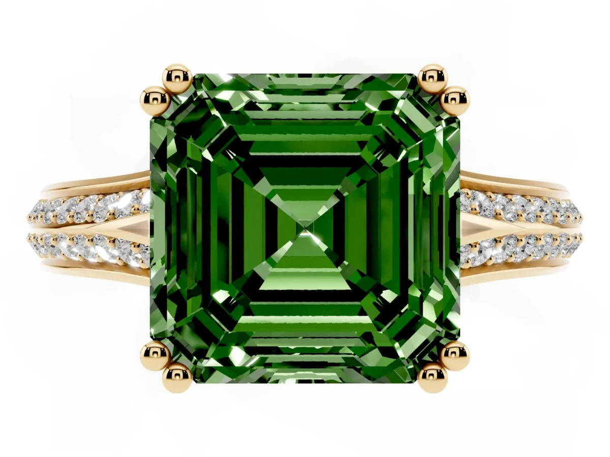 Fancy Green Asscher Cut Diamond Split Shank Engagement Ring with Pavé Band Yellow gold