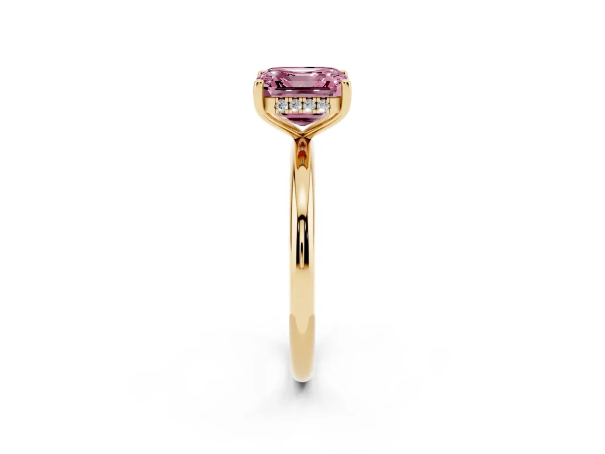 Fancy Pink Asscher Cut Cut Solitaire Engagement Ring with Four-Prong Setting and Classic Band Yellow gold
