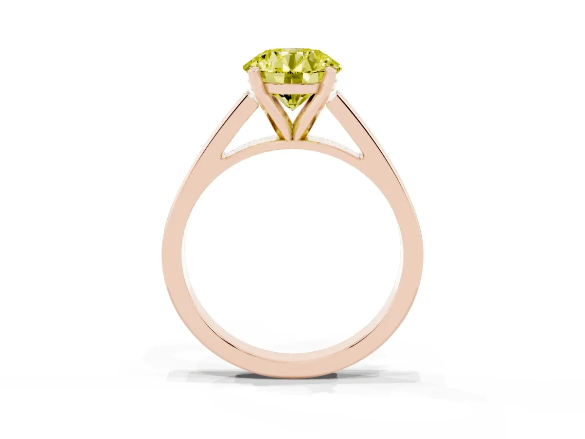 Fancy Yellow Round Cut Solitaire Engagement Ring with Four-Prong Setting and Tapered Band Rose gold