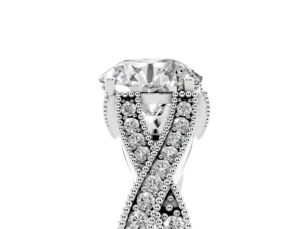 Round Cut Cut Diamond Twisted Band with Milgrain Pave Setting and Four-Prong Setting Silver