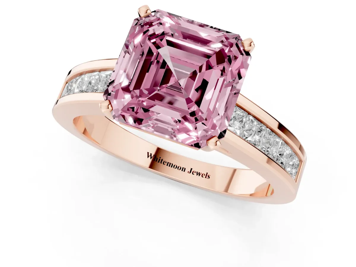 Fancy Pink Asscher Cut Solitaire Diamond Ring with Channel-Set Band and Four-Prong Setting Rose gold