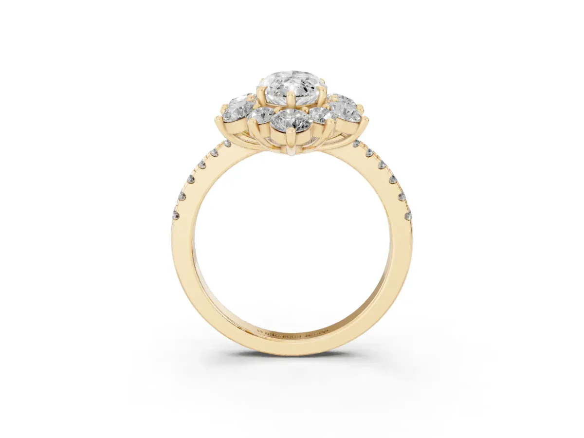 Marquise Cut Diamond Floral Halo Ring with Round Pavé Band and Prong Setting Yellow gold