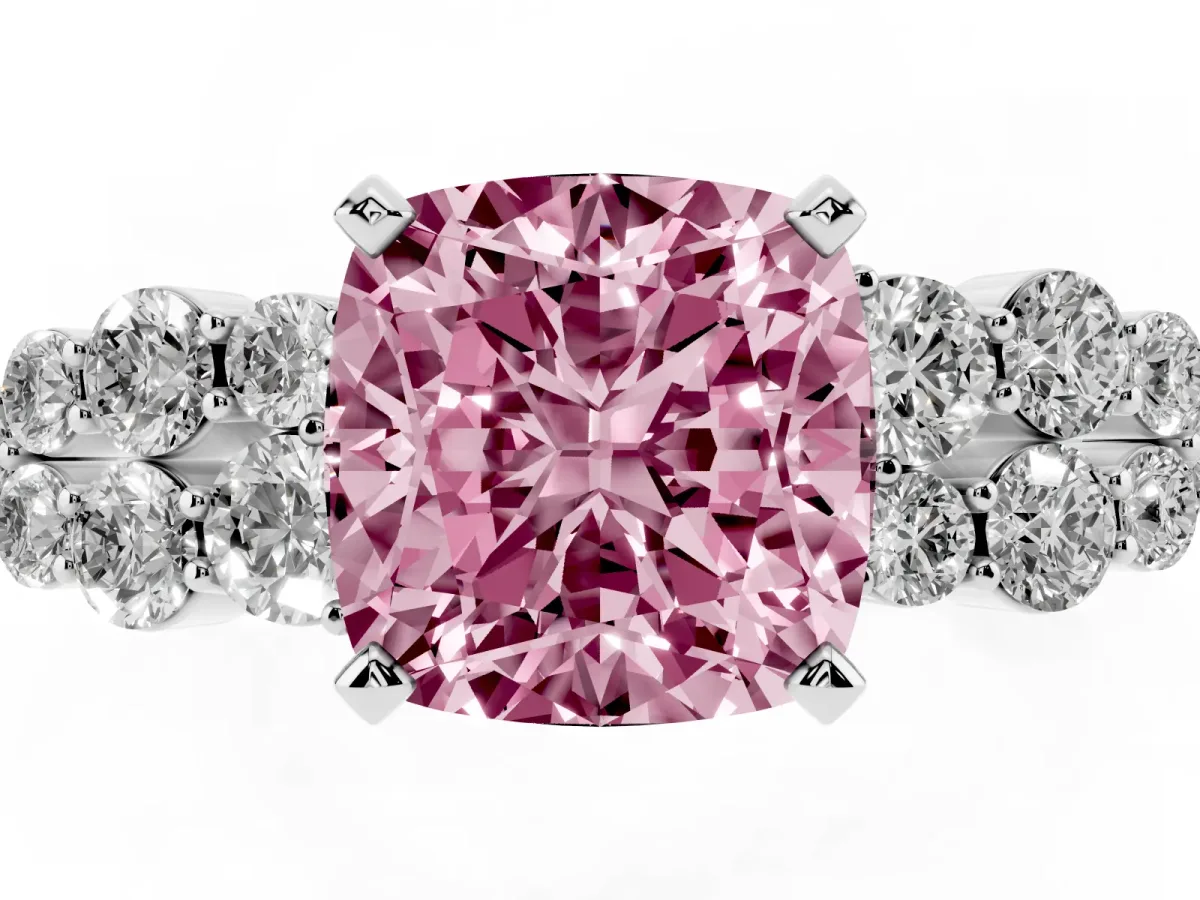 Fancy Pink Cushion Cut Cluster Diamond Engagement Ring with Pavé Band and Four-Prong Setting Platinum