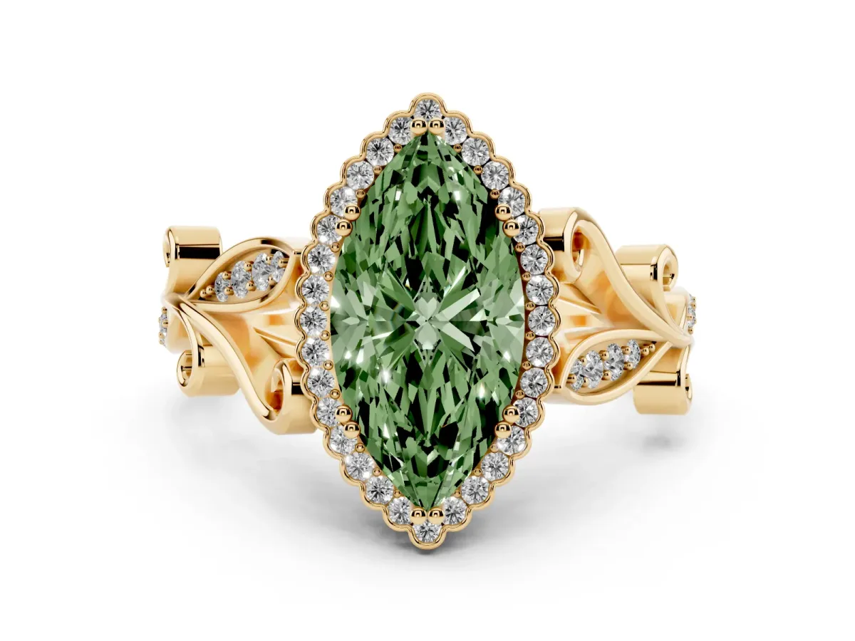 Fancy Green Marquise Cut Diamond Halo Ring with Vintage Split Shank and Four-Prong Setting Yellow gold