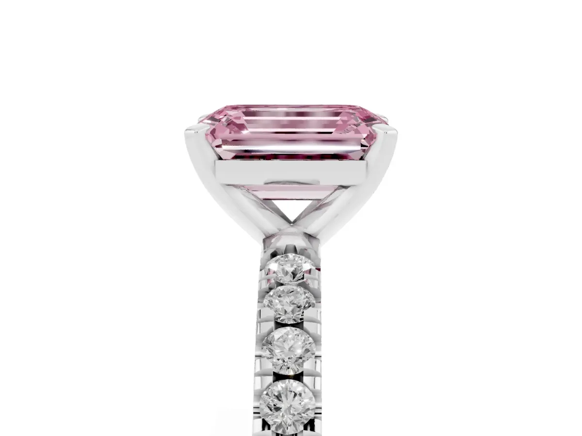 Fancy Pink Emerald Cut Diamond Pavé Band Solitaire with Four-Prong Setting Silver