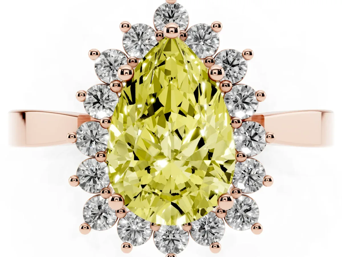 Fancy Yellow Pear Cut Cut Diamond Halo Ring with Round Brilliant Halo and Solitaire Band Rose gold