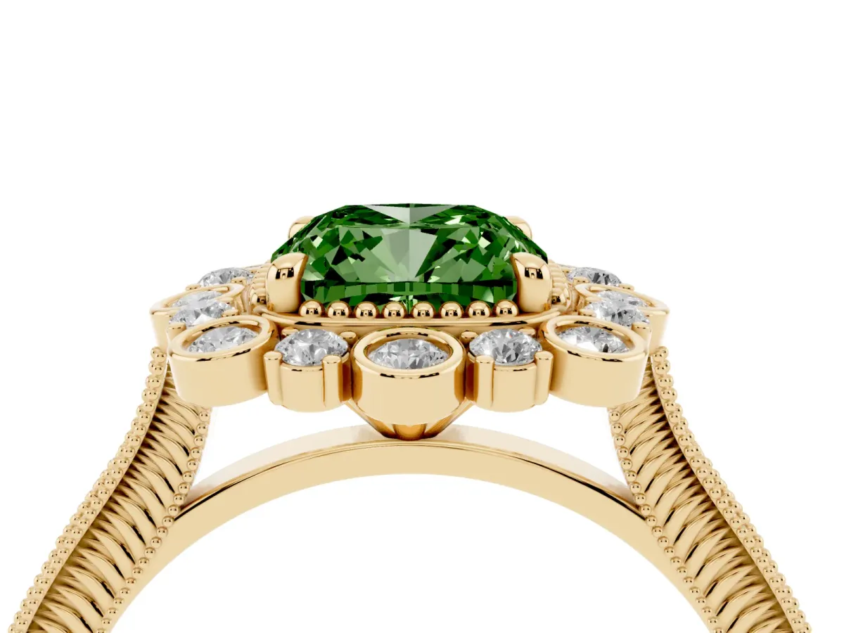Fancy Green Cushion Cut Halo Milgrain Pave Diamond Ring with Four-Prong Setting Yellow gold