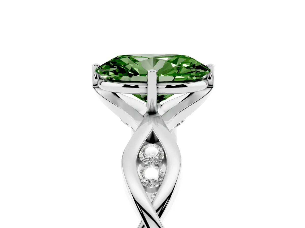 Fancy Green Oval Cut Solitaire Twist Band with Leaf Prong Setting Platinum