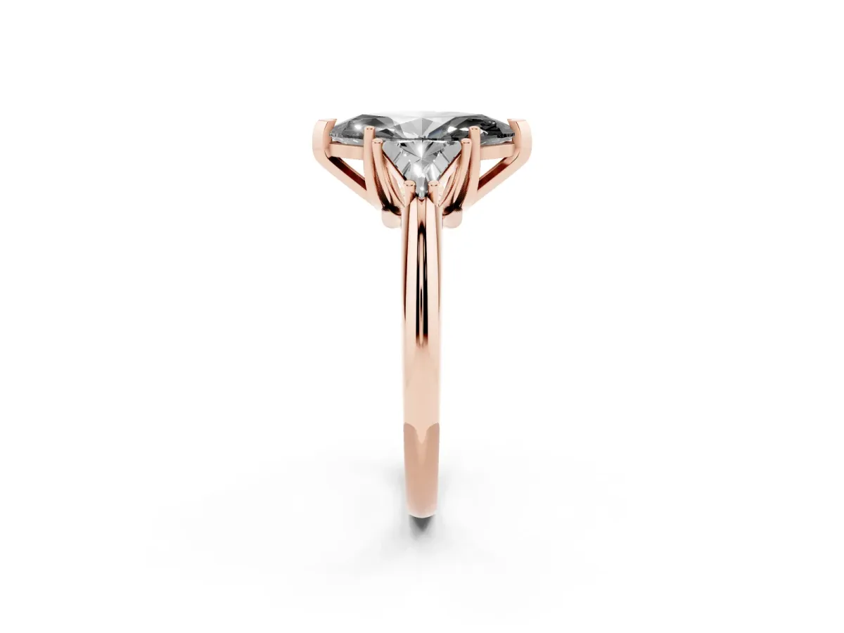 Fancy Black Three-Stone Marquise Cut Diamond Engagement Ring with Trillion Side Stones and Prong Setting Rose gold