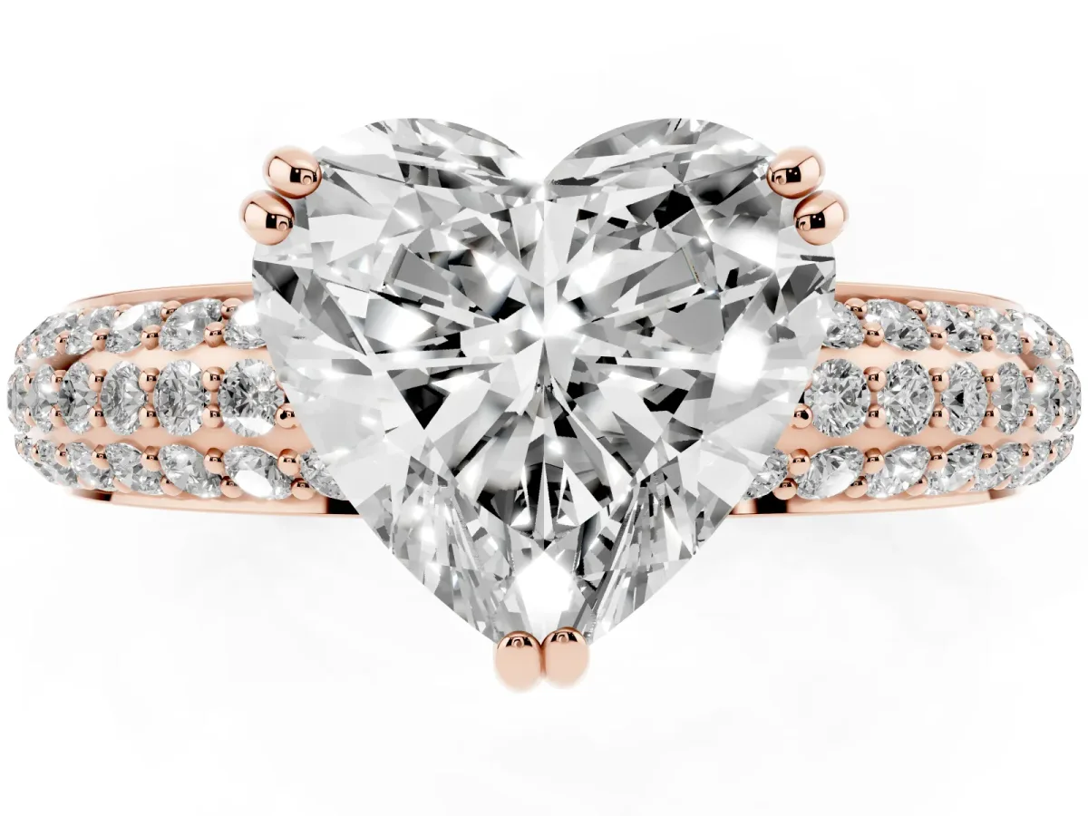 Heart Cut Diamond Solitaire Ring with Multi-Row Round Pavé Band and Prong Setting Rose gold