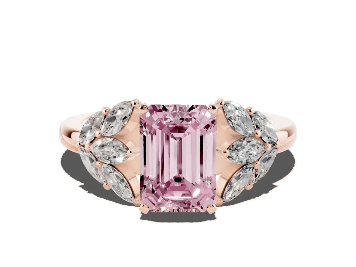 Fancy Pink Emerald Cut Diamond Cluster Leaf Design Ring with Prong Setting Rose gold