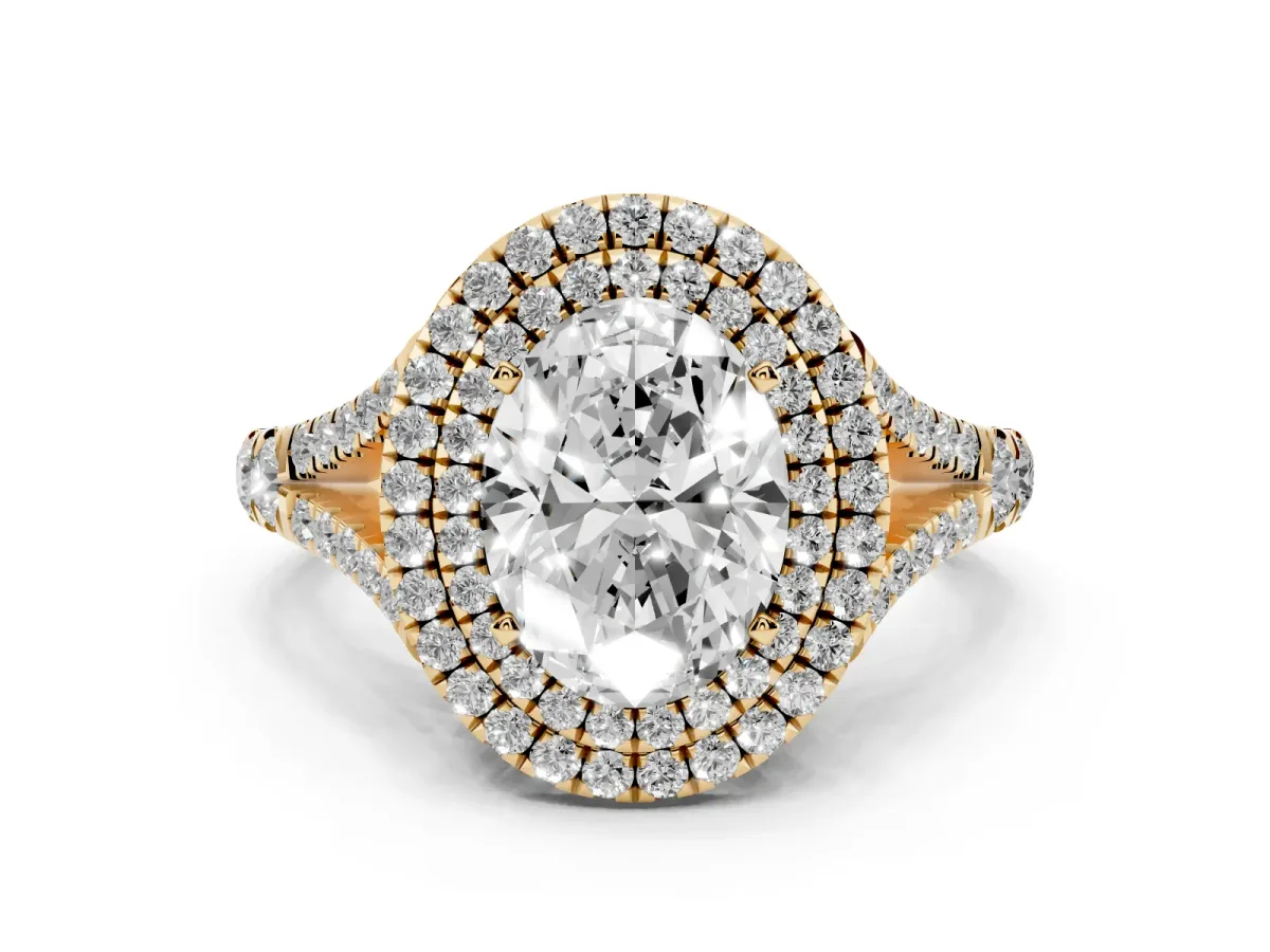 Oval Cut Diamond Pavé Split Shank Double Halo Engagement Ring Yellow gold