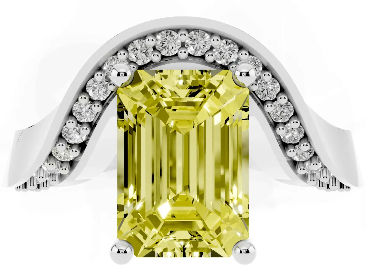 Fancy Yellow Emerald Cut Solitaire Diamond Engagement Ring with Pave Band and Four-Prong Setting White gold