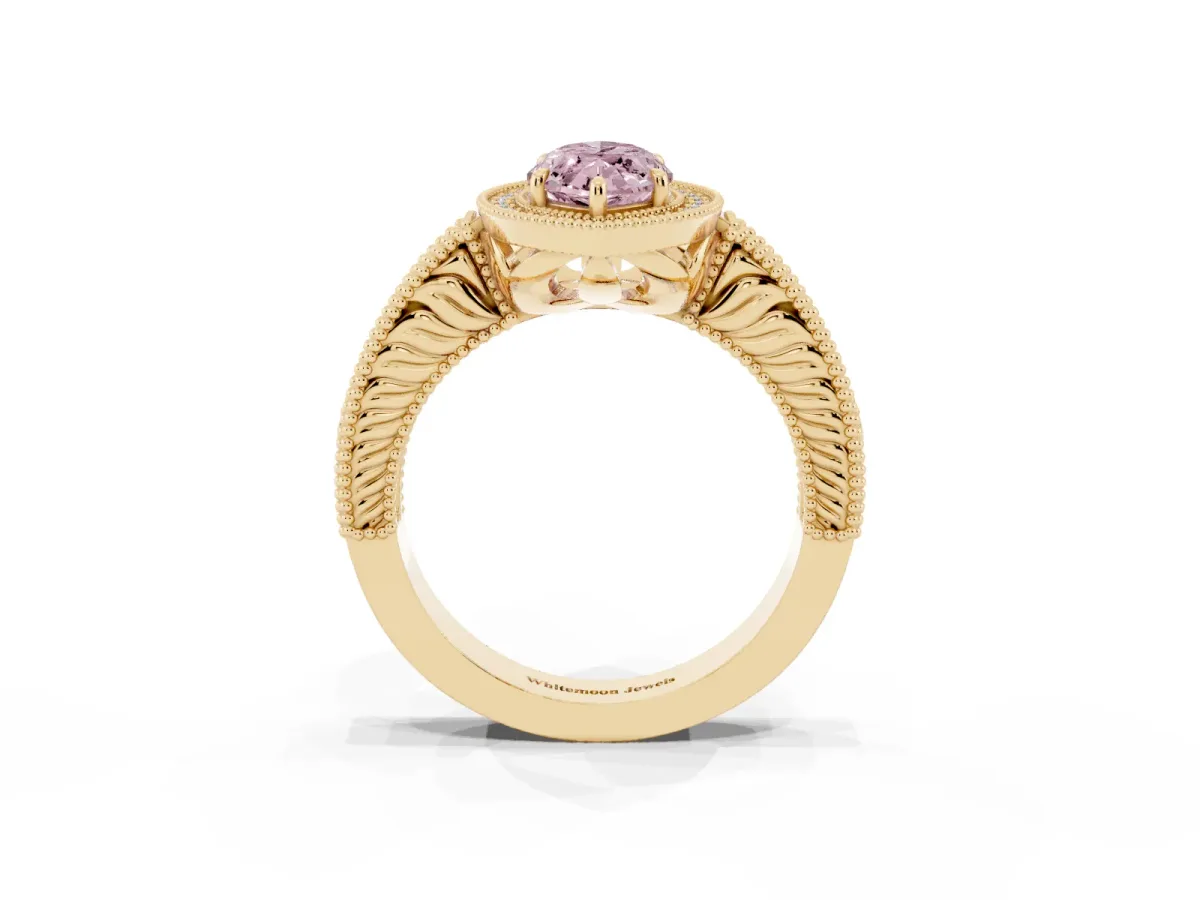 Fancy Pink Marquise Cut Cut Halo Diamond Ring with Pavé Band and Four-Prong Setting Yellow gold