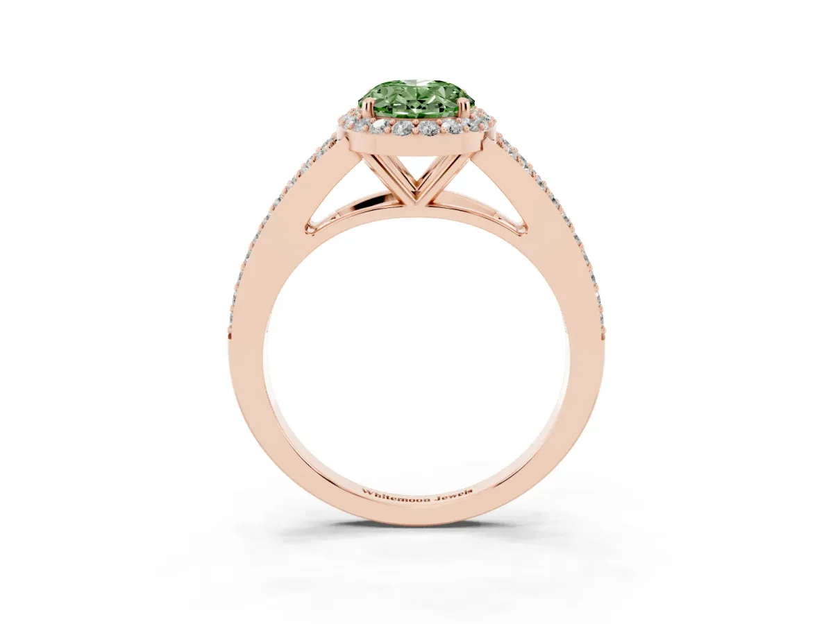 Fancy Green Oval Cut Halo Split Shank Diamond Ring with Prong Setting Rose gold