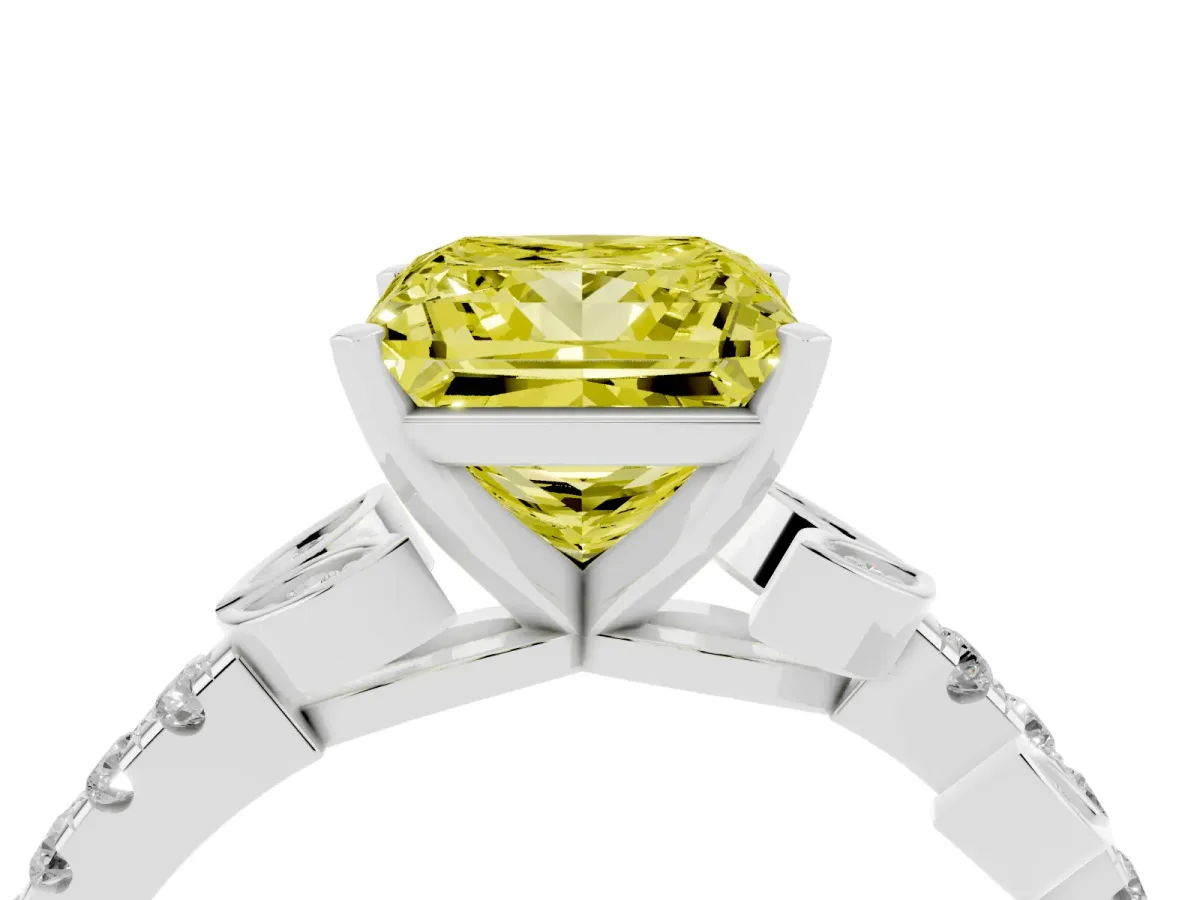 Fancy Yellow Princess Cut Solitaire Leaf-Inspired Diamond Ring with Pavé Band and Four-Prong Setting Platinum