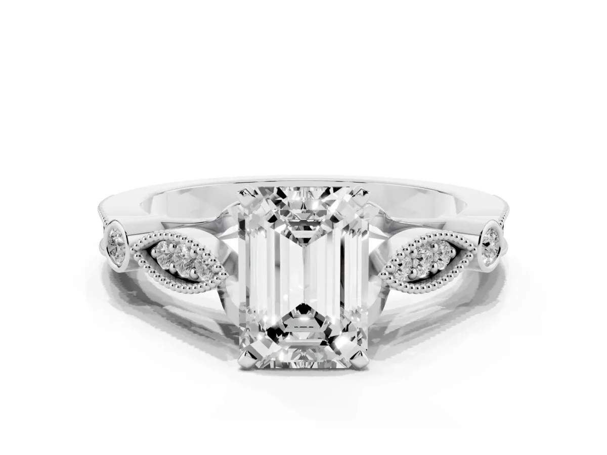 Emerald Cut Cut Diamond with Milgrain Marquise and Bezel Accents on a Solitaire Band with Prong Setting Silver