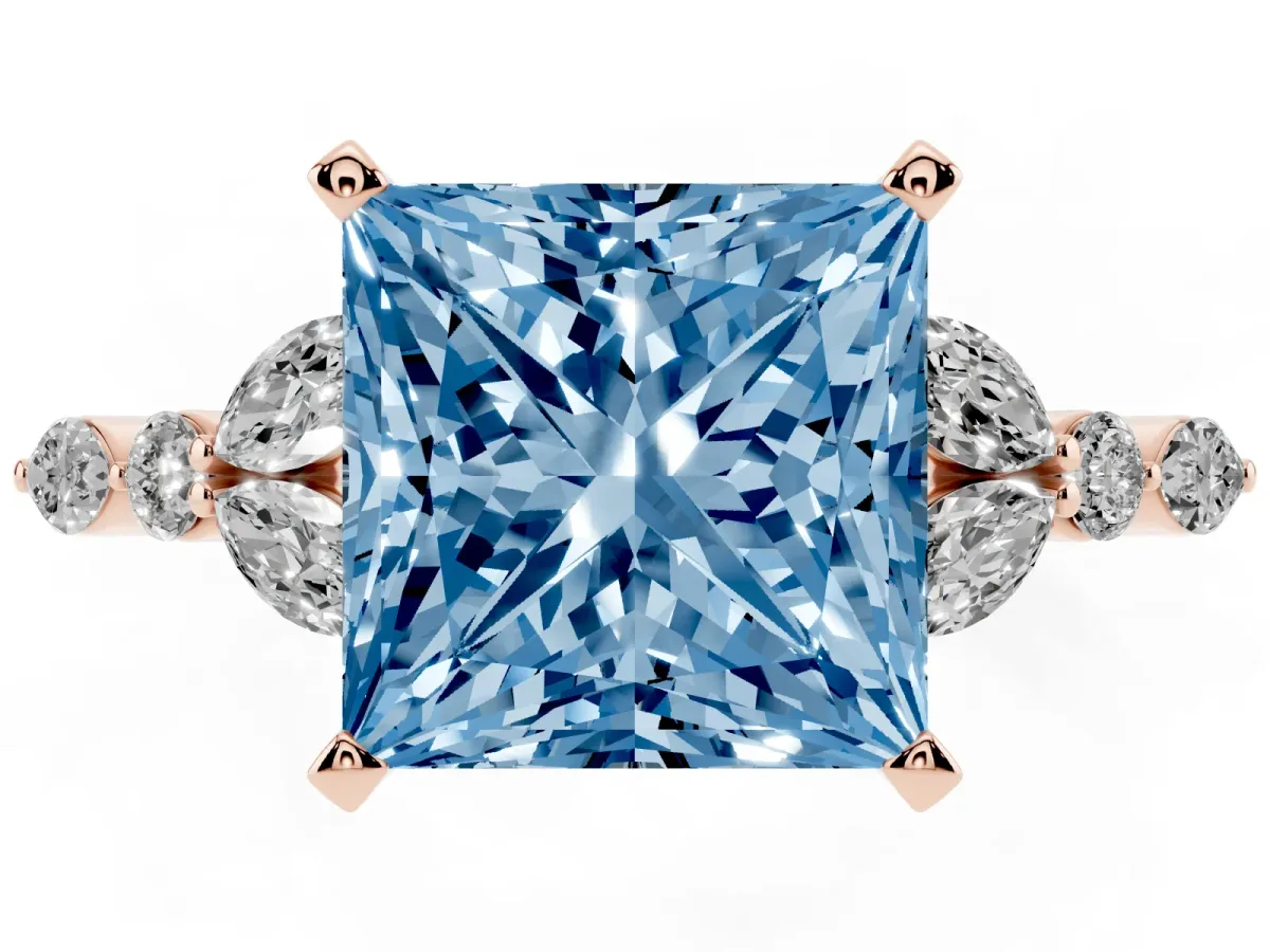 Fancy Blue Princess Cut Diamond Solitaire Ring with Side Stones and Four-Prong Setting Rose gold