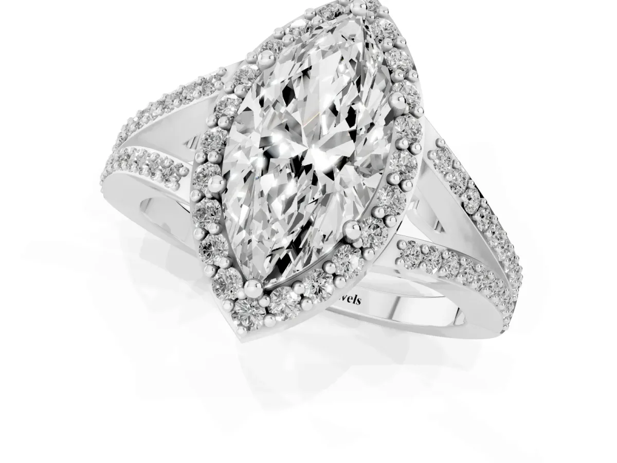 Marquise Cut Halo Split Shank Pave Diamond Ring with Four-Prong Setting Silver