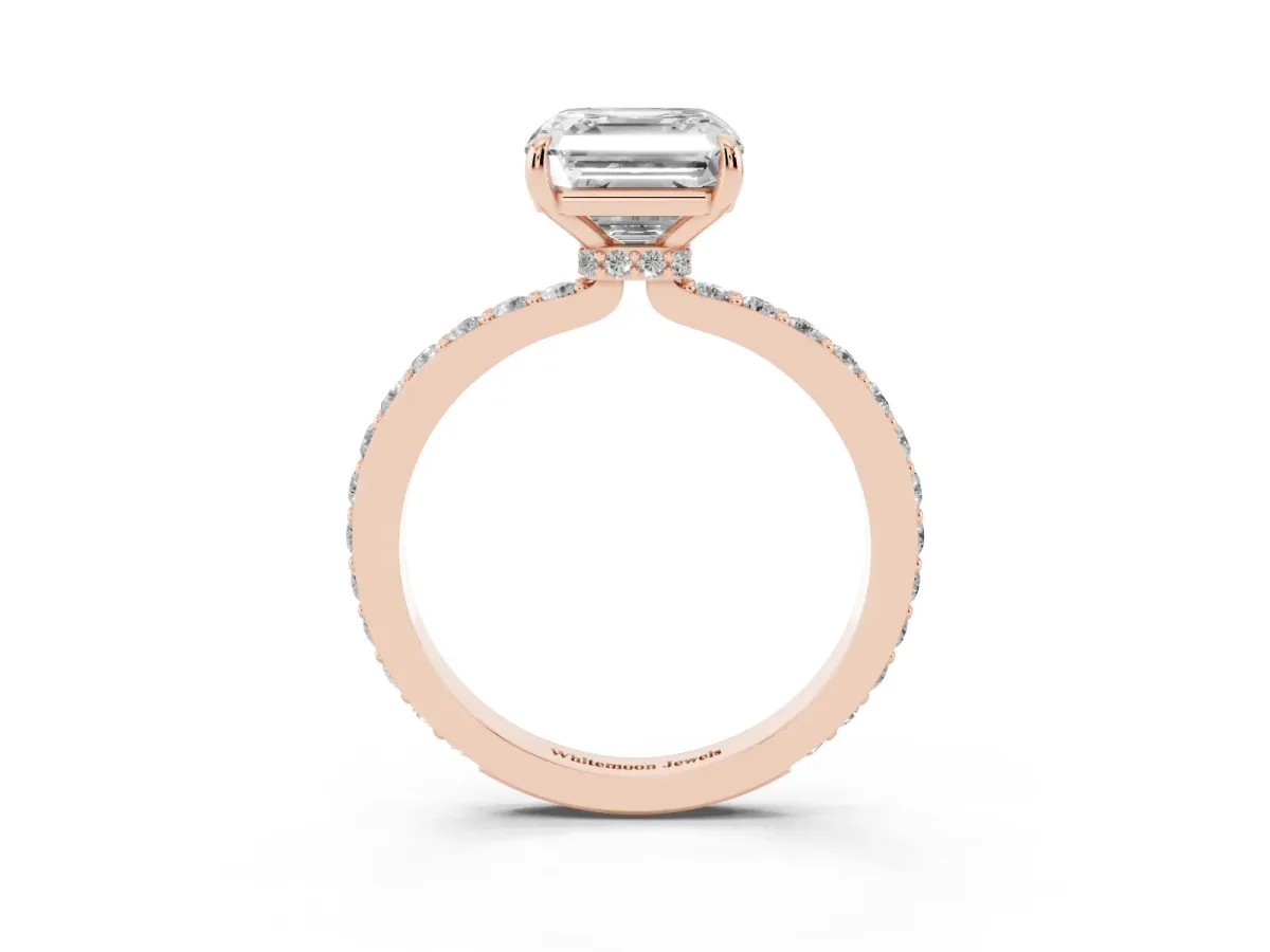 Asscher Cut Diamond Pavé Engagement Ring with Round Accents and Prong Setting Rose gold