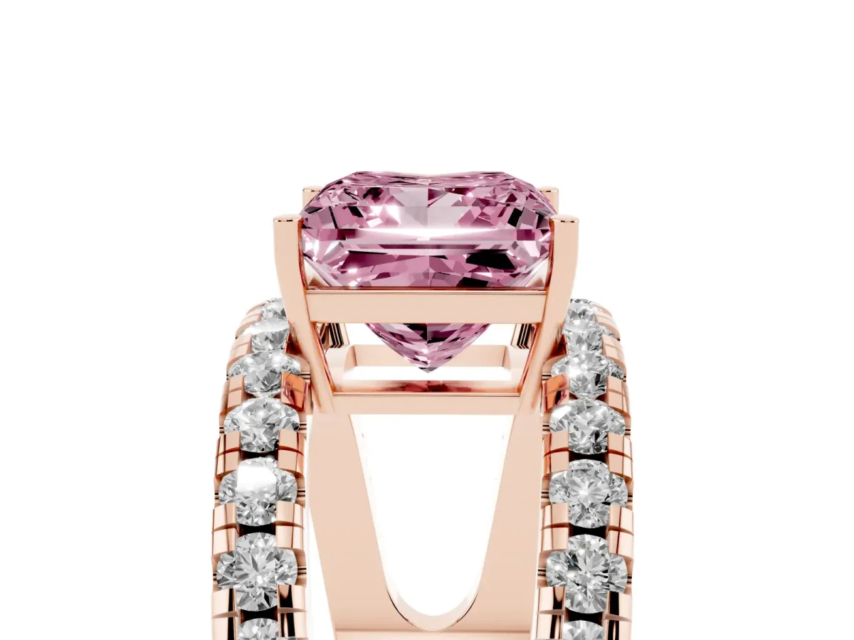 Fancy Pink Princess Cut Solitaire Split Shank Pave Diamond Ring Rose gold